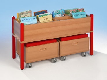 Bücher- und Spielekiste mit Rollhockern, Bücherregal, Bücherwagen